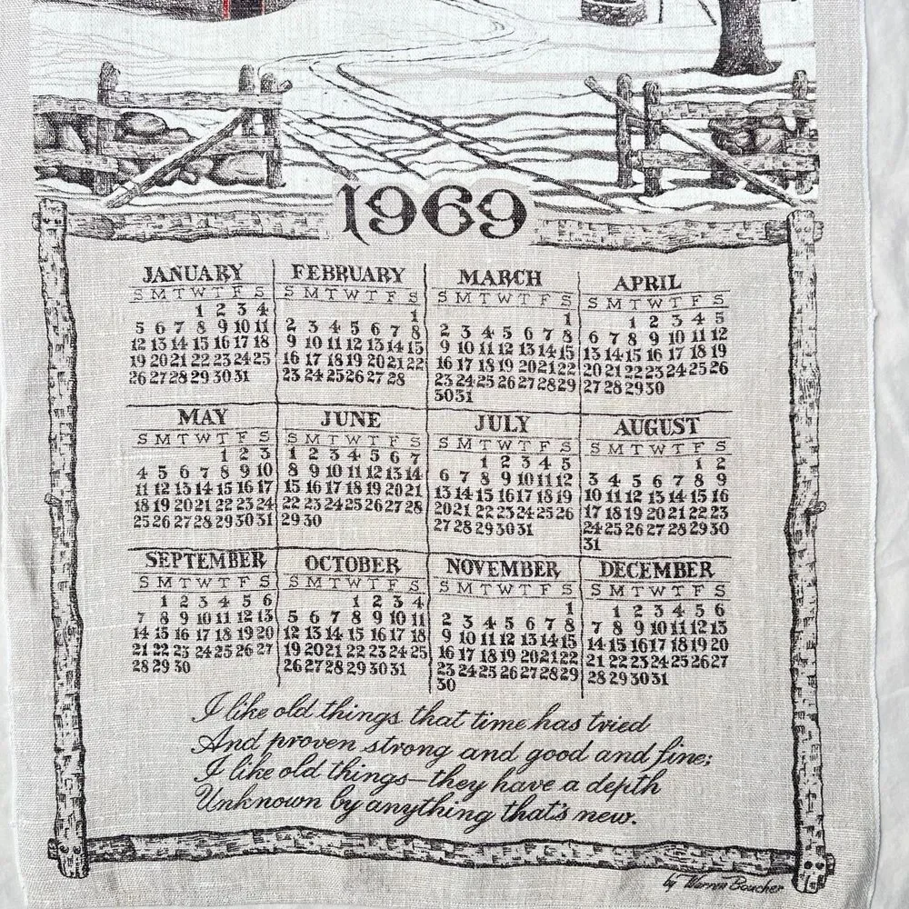 VTG 1969 Linen Calendar Tea Towel Red Barn Warren Boucher
